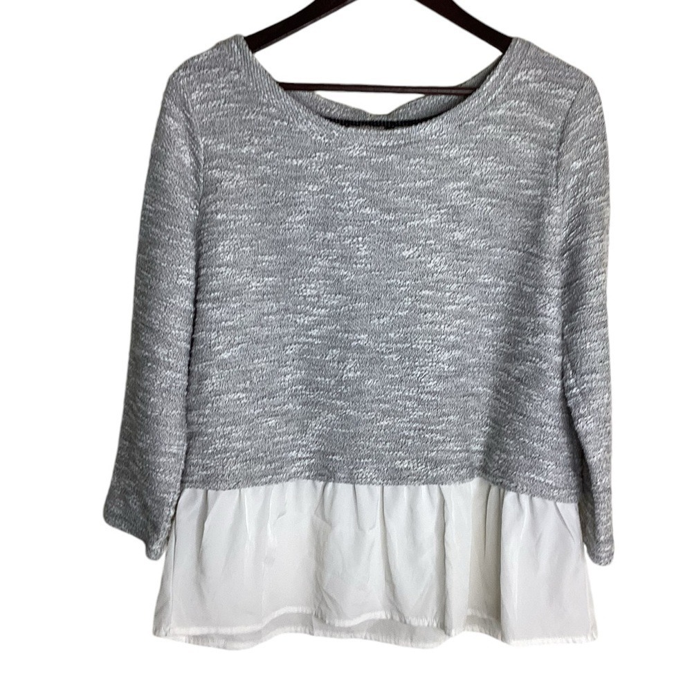 Anthropologie‎ Moth Textured Knit Embellished Layered Tunic Top Women Gray White